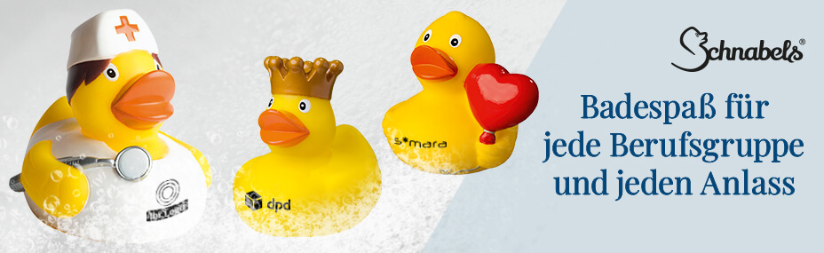 Quietsche-Enten von Schnabels mit Logo bedrucken bei BETTMER – Erfolgreiche Werbeartikel