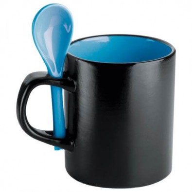 Keramiktasse mit Löffel Schwarz/Blau