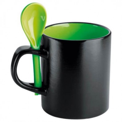 Keramiktasse mit Löffel, Schwarz/Grün Keramiktasse mit Löffel, Schwarz/Grün