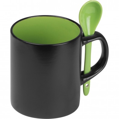 Keramiktasse mit Löffel, Schwarz/Grün Keramiktasse mit Löffel, Schwarz/Grün