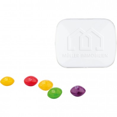 Klapp Dose, inkl. Prägung, Skittles Kaubonbons, weiße Dose Klapp Dose, inkl. Prägung, Skittles Kaubonbons, weiße Dose