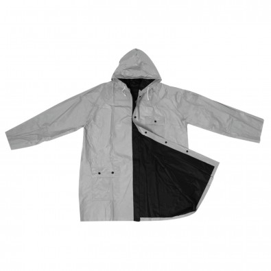 Zweifarbige phthalatfreie Wende-Regenjacke aus PVC, schwarz / silber Zweifarbige phthalatfreie Wende-Regenjacke aus PVC, schwarz / silber